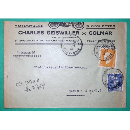 N°697 + N°717 MARIANNE DULAC GANDON RECOMMANDE PROVISOIRE PUB CYCLES GEISWILLER COLMAR HAUT RHIN 1946