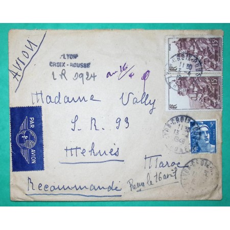 N°719B + 763 x2 MARIANNE DE GANDON ROCAMADOUR RECOMMANDE PROVISOIRE AVION LYON POUR MEKNES MAROC 1948