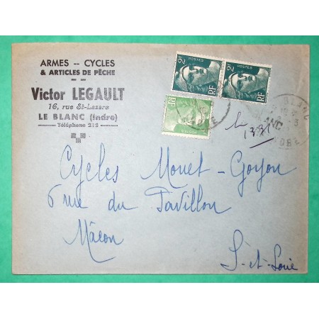 N°713 x2 + 719 MARIANNE DE GANDON RECOMMANDE PROVISOIRE PUB ARMES CYLES PECHE LEGAULT LE BLANC INDRE 1948