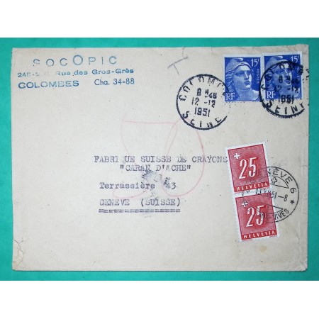 N°886 PAIRE MARIANNE DE GANDON + TAXE SUISSE 25C x2 50C HELVETIA 1951
