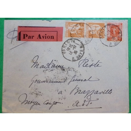 N°286 x2 + 325 MIXTE PAIX EXPO INTERNATIONALE PARIS LETTRE PAR AVION PARIS POUR BRAZZAVILLE CONGO AEF 1936 COVER FRANCE