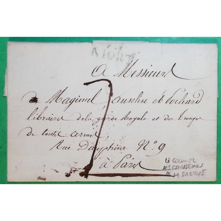MARQUE 75 NIORT DEUX SEVRES BLEU SIGNE LE COLONEL DES CHASSEURS DE LA SARTHE POUR LIBRAIRE GARDE ROYALE PARIS 1818 COVER