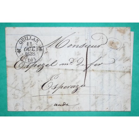 CAD TYPE 12 QUILLAN AUDE DECIME RURAL FORGES ET USINES D'AXAT CORRESPONDANCE LOCALE POUR ESPERAZA 1838