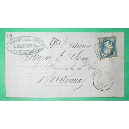 N°22 PC DU GC 3114 LA REOLE GIRONDE BOITE URBAINE D MASSIES FILS MAGASIN DE FER POUR BORDEAUX 1867