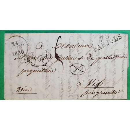 MARQUE 78 BARJOLS VAR DECIME RURAL ANNULATION PLUME POUR VIF ISERE 1830 LETTRE COVER FRANCE
