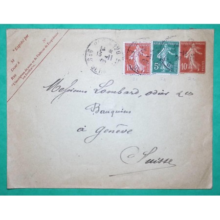 ENTIER SEMEUSE 10C ROUGE + COMPLEMENT AFFRANCHISSEMENT N°137 + N°138 LETTRE PARIS POUR GENEVE SUISSE 1909