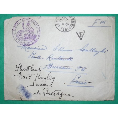 FRANCHISE MILITAIRE FM HOPITAL COMPLEMENTAIRE LANDERNEAU FINISTERE POUR PARIS 1940 WW2