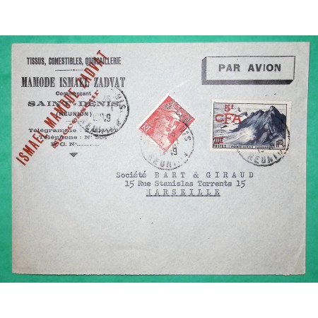 N°721 + 764  MARIANNE DE GANDON POINTE DU RAZ SURCHARGE CFA LETTRE PAR AVION ST DENIS REUNION PUB TISSUS 1949