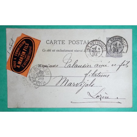 ENTIER 10C SAGE CARTE POSTALE ETIQUETTE PUB GROS ET COMMISSION MARTIN FILS ST AFFRIQUE AVEYRON 1893