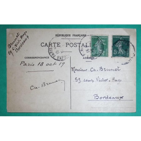 N°137 x2 SEMEUSE 2 TYPES COULEURS SUR CARTE POSTALE PARIS EXPOSITION DE L'AUTOMOBILE 1919
