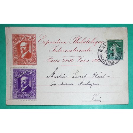 N°137 SEMEUSE CARTE POSTALE EXPOSITION PHILATELIQUE INTERNATIONALE PARIS 1913 VIGNETTES