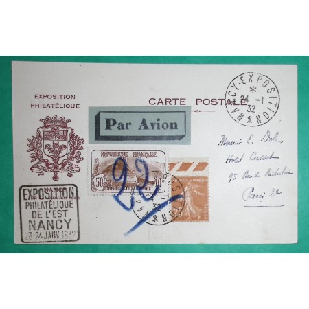 N°230 + 235 ORPHELINS DE GUERRE SEMEUSE CARTE POSTALE PAR AVION EXPOSITION PHILATELIQUE NANCY 1932