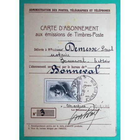 N°525 50F PETAIN MAZELIN CARTE ABONNEMENT TIMBRES POSTE CHARTRES EURE ET LOIR 1943