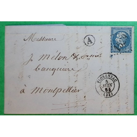 N°22 GC 1529 FLORENSAC HERAULT BOITE RURALE A POMEROLS POUR MONTPELLIER 1864 LETTRE COVER FRANCE