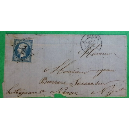 N°14B PC 295 CAD TYPE A BAYONNE A ST ESPRIT BASSES PYRENEES POUR NERAC LOT ET GARONNE 1861 LETTRE COVER FRANCE
