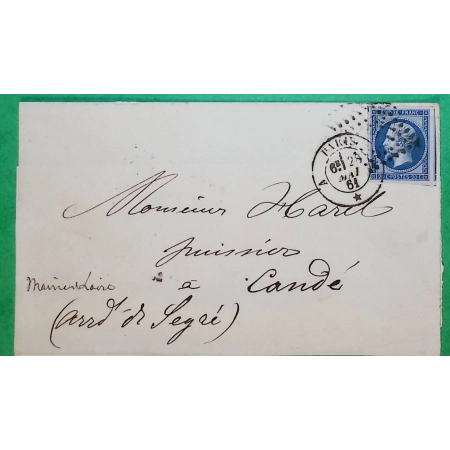N°14B TTB AVEC VOISINS BLEU SUR AZURE PARIS BUREAU A POUR CANDE MAINE ET LOIRE 1861 LETTRE COVER FRANCE