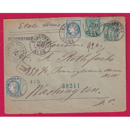 ENTIER SAGE + N°75 60 X2 NARBONNE AUDE 1893 RECOMMANDE POUR WASHINTONG DC USA