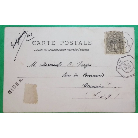 N°107 BLANC CAD RECETTES AUXILIAIRES NICE A + GRIFFE LINEAIRE CARTE POSTALE TORPILLEUR LEVRIER POUR TONNEINS 1902 FRANCE