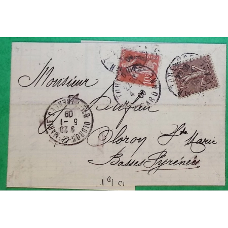 N°131 + 138 SEMEUSE LETTRE LOCALE TARIF 30C OLORON STE MARIE BASSES PYRENEES 1909 COVER FRANCE