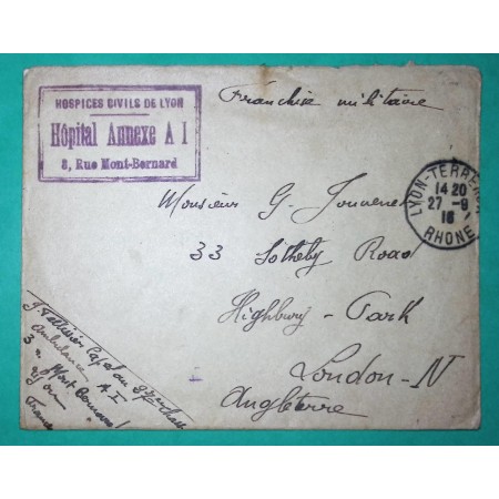 FRANCHISE MILITAIRE FM HOSPICES CIVILS DE LYON MONT BERNARD LETTRE SOLDAT ANGLAIS POUR LONDRES 1916 WW1