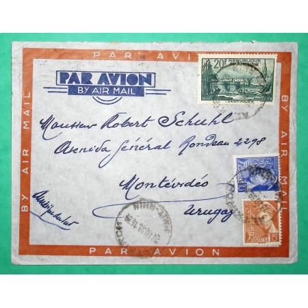 N°394 + 407 + 409 MIXTE PORT ST MALO MERCURE LETTRE PAR AVION ALTKIRCH HAUT RHIN POUR MONTEVIDEO URUGUAY 1939
