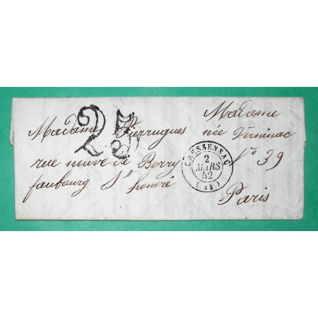 CAD TYPE 15 CRESSENSSAC LOT POUR PARIS TAXE 25 1852