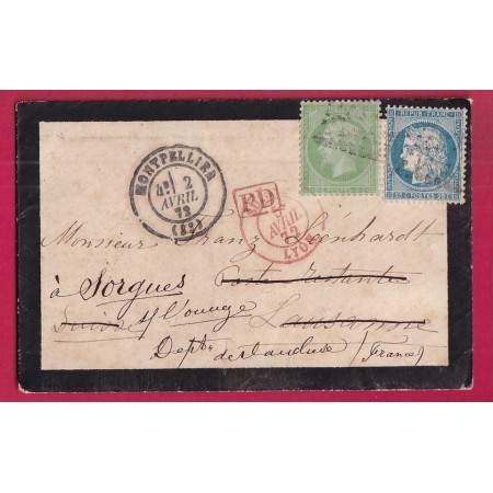 N°35 + 60 GC MONTPELLIER HERAULT 1872 POUR LAUSANNE SUISSE REEXPEDIR SORGUES VAUCLUSE ENTREE SUISSE LYON