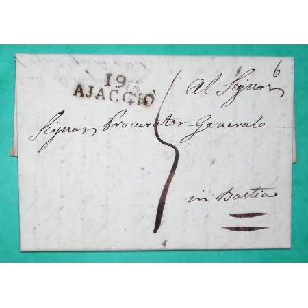 MARQUE 19 AJACCIO CACHET ARRIVEE SPECIAL ENCADRE BASTIA 33x11 1820