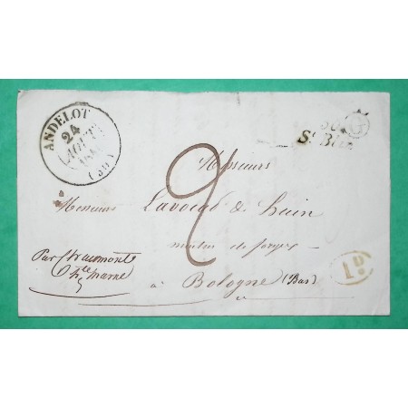 CURSIVE 50 ST BLIN HAUTE MARNE + CAD TYPE 13 ANDELOT DECIME + BOITE RURALE G ORQUEVAUX POUR BOLOGNE 1841