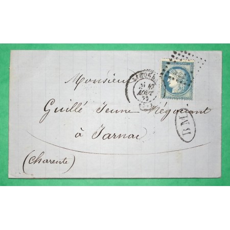 N°60A BM BOITE MOBILE LIMOGES HAUTE VIENNE BUREAU DE PASSE 2915 POITIERS VERSO POUR JARNAC CHARENTE 1873