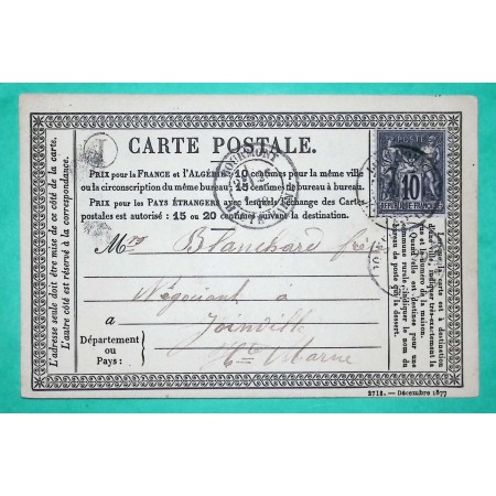 N°89 SAGE CARTE PRECURSEUR CAD TYPE 18 BOURMONT HAUTE MARNE BOITE RURALE I CHAUMONT LA VILLE POUR JOINVILLE 1878