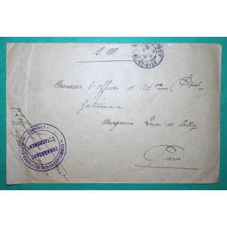 FRANCHISE MILITAIRE FM COMMIS ET OUVRIERS MILITAIRES D'ARMEE LE RAINCY SEINE POUR PARIS 1915 WW1