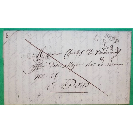 MARQUE P69P GRAY HAUTE SAONE PORT PAYE POUR PARIS 34x13 1824 LETTRE COVER FRANCE