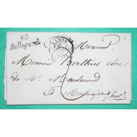 CURSIVE 43 BELLEGARDE + CAD TYPE 15 LADON LOIRET POUR MONTARGIS 1844