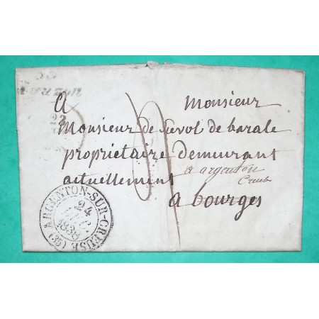 CURSIVE 35 EGUZON + CAD TYPE 13 ARGENTON SUR CREUSE INDRE DEPART ST SEBASTIEN POUR BOURGES CHER REEXP ARGENTON SUR CREUSE 1838
