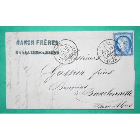N°60C OBLITERATION CAD TYPE 18 DIGNE BASSES ALPES POUR BARCELONETTE 1876
