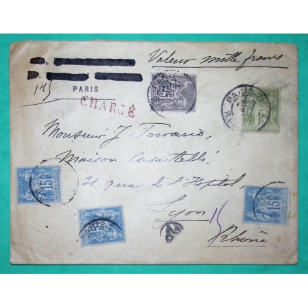N°82 + N°90 x3 + N°97 SAGE LETTRE CHARGE PARIS POUR LYON 1890