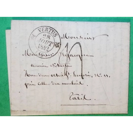 CAD TYPE 12 VERTUS MARNE TAXE TAMPON 4 POUR PARIS 1842 LETTRE COVER FRANCE