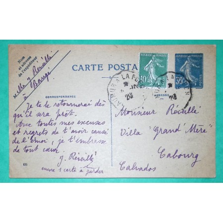 ENTIER 30C BLEU SEMEUSE CARTE POSTALE + COMPLEMENT AFFRANCHISSEMENT N°159 CONVOYEUR LIGNE SAUMUR LA FLECHE 1926