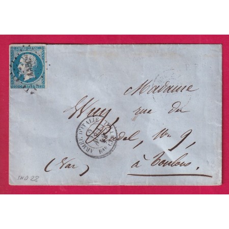 N°14 LOSANGE AABCal ARMEE ITALIE BUREAU CENTRAL INDICE 28 POUR TOULON VAR LETTRE