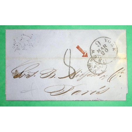 LETTRE NEW YORK ETATS UNIS USA CACHET ET.UNIS SERVICE AMBULANT TAXE TAMPON 8 POUR PARIS 1858