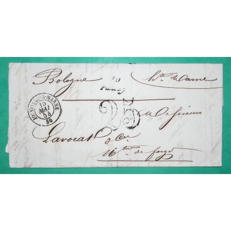 CURSIVE 50 PANCEY HAUTE MARNE + CAD TYPE 15 JOINVILLE SUR MARNE POUR BOLOGNE TAXE 25 1854