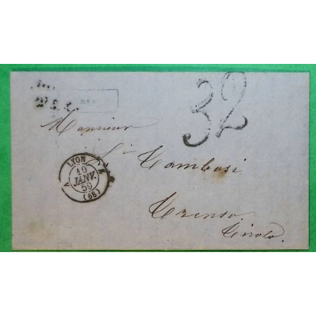 CAD TYPE 15 A LYON A LES TERREAUX POUR TRENTO TRETIN ITALIE ITALIA TAXE 32 AU TAMPON 1859 LETTRE COVER FRANCE