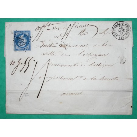 N°22 GC 203 AUBETERRE SUR DRONNE CHARENTE TAXE MANUSCRITE 4 AFFRANCHISSEMENT INSUFFISANT+ MENTION POIDS 10G 1863