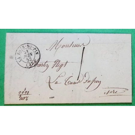 CAD TYPE 15 LA TOUR DU PIN ISERE CL CORRESPONDANCE LOCALE TAXE 1 POUR LA TOUR DU PIN 1852 LETTRE COVER FRANCE