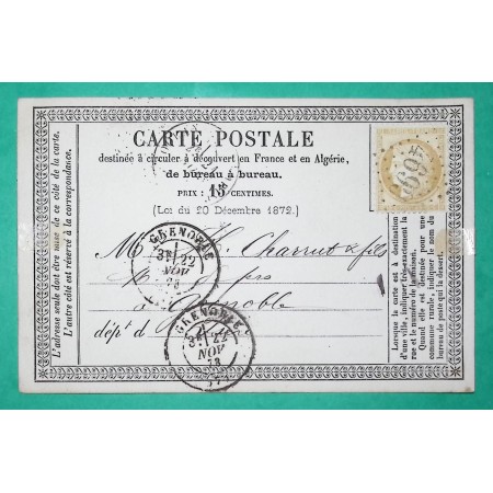 N°59 CARTE PRECURSEUR GC 4699 LOULANS LES FORGES HAUTE SAONE BUREAU SUPPLEMENTAIRE POUR GRENOBLE ISERE 1873