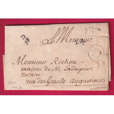 PETITE POSTE DE PARIS BUREAU D + LEVEE QUANTIEME 1760 POUR PARIS INDICE 22 LETTRE