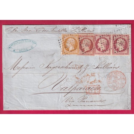 N°13 16 17A PAIRE PC 1495 CAD ROUGE BUREAU MARITIME LE HAVRE SEINE INFERIEURE SIGNE BRUN VALPARAISO CHILI LETTRE