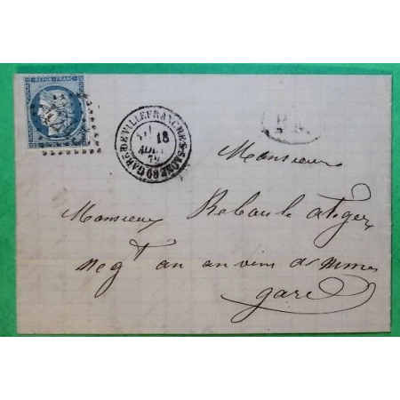 N°60A CAD TYPE 17 GARE DE VILLEFRANCHE SUR SAONE RHONE BM BOITE MOBILE LA FOLLETIERE POUR NIMES GARD 1872 COVER FRANCE
