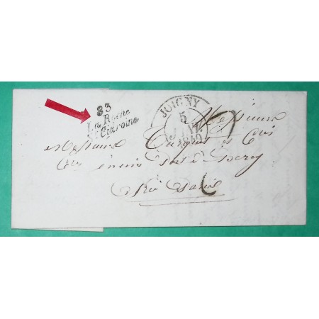 CURSIVE 83 LA ROCHE ST CIDROINE YONNE + CAD TYPE 13 JOIGNY POUR BERCY CACHET ROUTE N°16 AMBULANT VERSO 1840